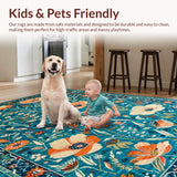 Ultra Soft Area Rug, Non Slip, Stain Resistant, Washable Area Rugs for Living Room, Bedroom, Bold Orange Floral Harmony(Blue)