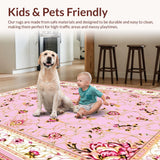 Ultra Soft Area Rug, Non Slip, Stain Resistant, Washable Area Rugs for Living Room, Bedroom, Luxurious Gold Accented Traditional Pattern(Pink)