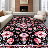 Ultra Soft Area Rug, Non Slip, Stain Resistant, Washable Area Rugs for Living Room, Bedroom, Distressed Vintage Floral Medallion(Black)