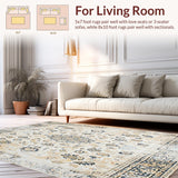 Ultra Soft Area Rug, Non Slip, Stain Resistant, Washable Area Rugs for Living Room, Bedroom, Distressed Vintage Medallion Design in Beige and Grey(Beige)