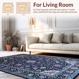 Ultra Soft Area Rug, Non Slip, Stain Resistant, Washable Area Rugs for Living Room, Bedroom, Eclectic Multicolor Floral Motif(Blue)