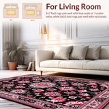 Ultra Soft Area Rug, Non Slip, Stain Resistant, Washable Area Rugs for Living Room, Bedroom, Artful Earthy Floral Fusion(Black)