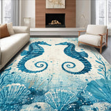 Ultra Soft Area Rug, Non Slip, Stain Resistant, Washable Area Rugs for Living Room, Bedroom, Trendy Ocean-Themed Area Rug with Decorative Seahorse and Shell Patterns(Blue)