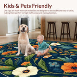 Ultra Soft Area Rug, Non Slip, Stain Resistant, Washable Area Rugs for Living Room, Bedroom, Chic Floral Fusion Elements(Blue)