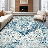Ultra Soft Area Rug, Non Slip, Stain Resistant, Washable Area Rugs for Living Room, Bedroom, Contemporary Distressed Ogee Style(Blue)