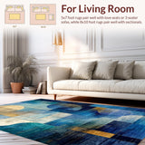 Ultra Soft Area Rug, Non Slip, Stain Resistant, Washable Area Rugs for Living Room, Bedroom, Boho Chic Gradient Mosaic Rug with Blue Gold Tones, Artistic Geometric Array(Blue)