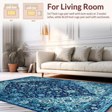 Ultra Soft Area Rug, Non Slip, Stain Resistant, Washable Area Rugs for Living Room, Bedroom, Elegant Faded Floral Arrangement(Blue)