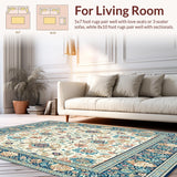 Ultra Soft Area Rug, Non Slip, Stain Resistant, Washable Area Rugs for Living Room, Bedroom, Boho Beige and Azure Intricate Floral Motifs(Beige)