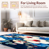 Ultra Soft Area Rug, Non Slip, Stain Resistant, Washable Area Rugs for Living Room, Bedroom, Floral Breeze with Artistic Hibiscus Blooms and Expressive Modern(Blue)