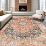 Ultra Soft Area Rug, Non Slip, Stain Resistant, Washable Area Rugs for Living Room, Bedroom, Ultra Soft Washable Carpet, Faded Traditional Medallion Pattern(Orange)