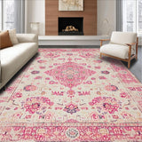 Ultra Soft Area Rug, Non Slip, Stain Resistant, Washable Area Rugs for Living Room, Bedroom, Artful Vintage-Inspired Ogee Shape(Pink)