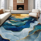 Ultra Soft Area Rug, Non Slip, Stain Resistant, Washable Area Rugs for Living Room, Bedroom, Contemporary Rippled Wave Rug Showcasing Blue Gold Fusion, Abstract Geometry(Blue)