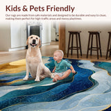 Ultra Soft Area Rug, Non Slip, Stain Resistant, Washable Area Rugs for Living Room, Bedroom, Contemporary Rippled Wave Rug Showcasing Blue Gold Fusion, Abstract Geometry(Blue)