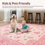 Ultra Soft Area Rug, Non Slip, Stain Resistant, Washable Area Rugs for Living Room, Bedroom, Chic Vintage Blossom Motif(Pink)