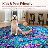 Ultra Soft Area Rug, Non Slip, Stain Resistant, Washable Area Rugs for Living Room, Bedroom, Eclectic Vintage Floral Fusion(Blue)