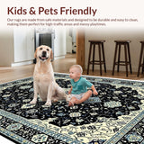 Ultra Soft Area Rug, Non Slip, Stain Resistant, Washable Area Rugs for Living Room, Bedroom, Non-Shedding Vintage Bedroom Area Rug Black Ivory(Black)