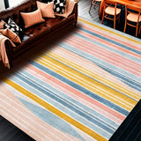 Ultra Soft Area Rug, Non Slip, Stain Resistant, Washable Area Rugs for Living Room, Bedroom, Retro Surfboard Motif Rug Featuring Abstract Coastal Stripes and Pastel Tones(Pink)
