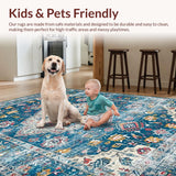 Ultra Soft Area Rug, Non Slip, Stain Resistant, Washable Area Rugs for Living Room, Bedroom, Elegant Retro Floral Composition(Blue)