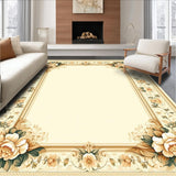 Elegant Beige Floral Border Area Timeless Geometric Design(Beige)