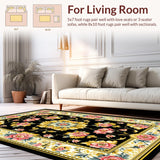 Ultra Soft Area Rug, Non Slip, Stain Resistant, Washable Area Rugs for Living Room, Bedroom, Rustic Earthy Toned Blossom Design(Black)