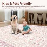 Ultra Soft Area Rug, Non Slip, Stain Resistant, Washable Area Rugs for Living Room, Bedroom, Elegant Blush Pink Low Pile Rug with Mauve Floral and Geometric Fusion(Pink)