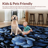 Ultra Soft Area Rug, Non Slip, Stain Resistant, Washable Area Rugs for Living Room, Bedroom, Elegant Black Floral Area Intricate Petals(Blue)