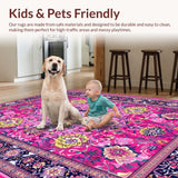 Ultra Soft Area Rug, Non Slip, Stain Resistant, Washable Area Rugs for Living Room, Bedroom, Rustic Traditional Tiled Motifs(Pink)