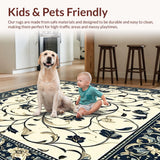 Ultra Soft Area Rug, Non Slip, Stain Resistant, Washable Area Rugs for Living Room, Bedroom, Chateau Collection Azure Bloom Dark Blue Beige Botanical Scrollwork(Ivory)