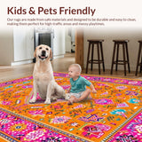 Ultra Soft Area Rug, Non Slip, Stain Resistant, Washable Area Rugs for Living Room, Bedroom, Elegant Tribal Motif in Fuchsia(Orange)