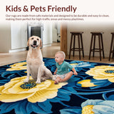 Ultra Soft Area Rug, Non Slip, Stain Resistant, Washable Area Rugs for Living Room, Bedroom, Elegant Blue Tones Flower Motif(Blue)