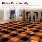 Ultra Soft Area Rug, Non Slip, Stain Resistant, Washable Area Rugs for Living Room, Bedroom, Autumn Harvest Plaid Area Rug Festive Fall Doormat with Pumpkin & Leaves Design(Black)