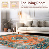 Ultra Soft Area Rug, Non Slip, Stain Resistant, Washable Area Rugs for Living Room, Bedroom, Eclectic Teal Medallion Fusion(Orange)