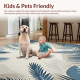 Ultra Soft Area Rug, Non Slip, Stain Resistant, Washable Area Rugs for Living Room, Bedroom, Blue Grey and Beige Botanical Motif Area with Palm Leaves(Blue)