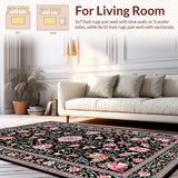 Ultra Soft Area Rug, Non Slip, Stain Resistant, Washable Area Rugs for Living Room, Bedroom, Lush Botanical Scalloped Design(Black)