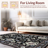 Ultra Soft Area Rug, Non Slip, Stain Resistant, Washable Area Rugs for Living Room, Bedroom, Rustic Textured Floral Composition(Black)