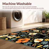 Ultra Soft Area Rug, Non Slip, Stain Resistant, Washable Area Rugs for Living Room, Bedroom, Playful Feline Floral Aesthetic(Black)