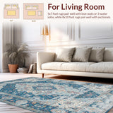 Ultra Soft Area Rug, Non Slip, Stain Resistant, Washable Area Rugs for Living Room, Bedroom, Elegant Vintage Pastel Motif(Blue)