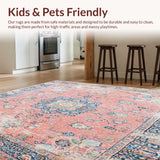 Ultra Soft Area Rug, Non Slip, Stain Resistant, Washable Area Rugs for Living Room, Bedroom, Distressed Floral Medallion Area Rug with Vintage Fade and Pastel Tones(Pink)