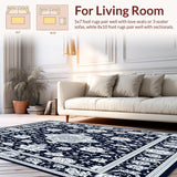 Ultra Soft Area Rug, Non Slip, Stain Resistant, Washable Area Rugs for Living Room, Bedroom, Navy and Silver Abstract Floral Area with Intricate(Blue)