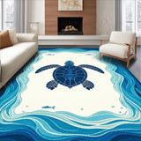 Ultra Soft Area Rug, Non Slip, Stain Resistant, Washable Area Rugs for Living Room, Bedroom, Turtle Cove Coastal Beige with Sea Motif Beach(Blue)