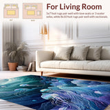 Ultra Soft Area Rug, Non Slip, Stain Resistant, Washable Area Rugs for Living Room, Bedroom, Nautical Fantasy Rug Showcasing Jellyfish and Ocean Foam in Artistic Waves(Blue)