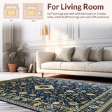 Ultra Soft Area Rug, Non Slip, Stain Resistant, Washable Area Rugs for Living Room, Bedroom, Elegant Geometric Gold Accents(Blue)