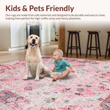 Ultra Soft Area Rug, Non Slip, Stain Resistant, Washable Area Rugs for Living Room, Bedroom, Faded Floral Vintage Elegance(Pink)