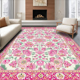 Ultra Soft Area Rug, Non Slip, Stain Resistant, Washable Area Rugs for Living Room, Bedroom, Whimsical Pink & Green Floral Fusion(White)