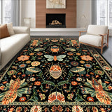 Ultra Soft Area Rug, Non Slip, Stain Resistant, Washable Area Rugs for Living Room, Bedroom, Intricate Insect Floral Motif(Black)