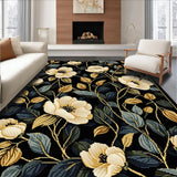 Ultra Soft Area Rug, Non Slip, Stain Resistant, Washable Area Rugs for Living Room, Bedroom, Chic Low Pile Floral Motif(Black)
