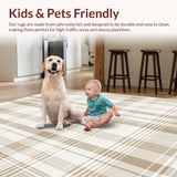 Ultra Soft Area Rug, Non Slip, Stain Resistant, Washable Area Rugs for Living Room, Bedroom, Modern Neutral Plaid in Warm Beige with Crisp White and Taupe Linear Motifs(Beige)