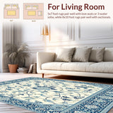 Ultra Soft Area Rug, Non Slip, Stain Resistant, Washable Area Rugs for Living Room, Bedroom, Whispering Winds Traditional Floral Motif with Tranquil Blue & Beige(Ivory)