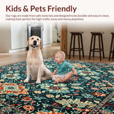 Ultra Soft Area Rug, Non Slip, Stain Resistant, Washable Area Rugs for Living Room, Bedroom, Artistic Boho Area with Vibrant Teal and Terracotta Floral(Blue)