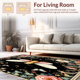 Ultra Soft Area Rug, Non Slip, Stain Resistant, Washable Area Rugs for Living Room, Bedroom, Enchanted Night Garden Area Featuring Whimsical Bugs and Floral(Black)